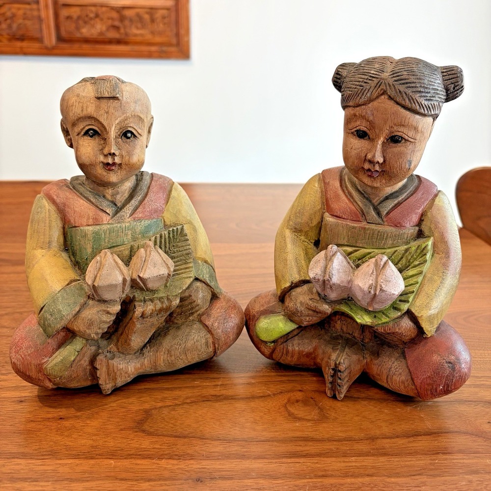 Hand Carved Wooden Statues Boy Girl Asian Influenced Vintage Figures Pair
